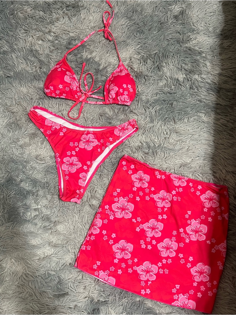 Women’s Pink Floral Bikini Set with Skirt Cover